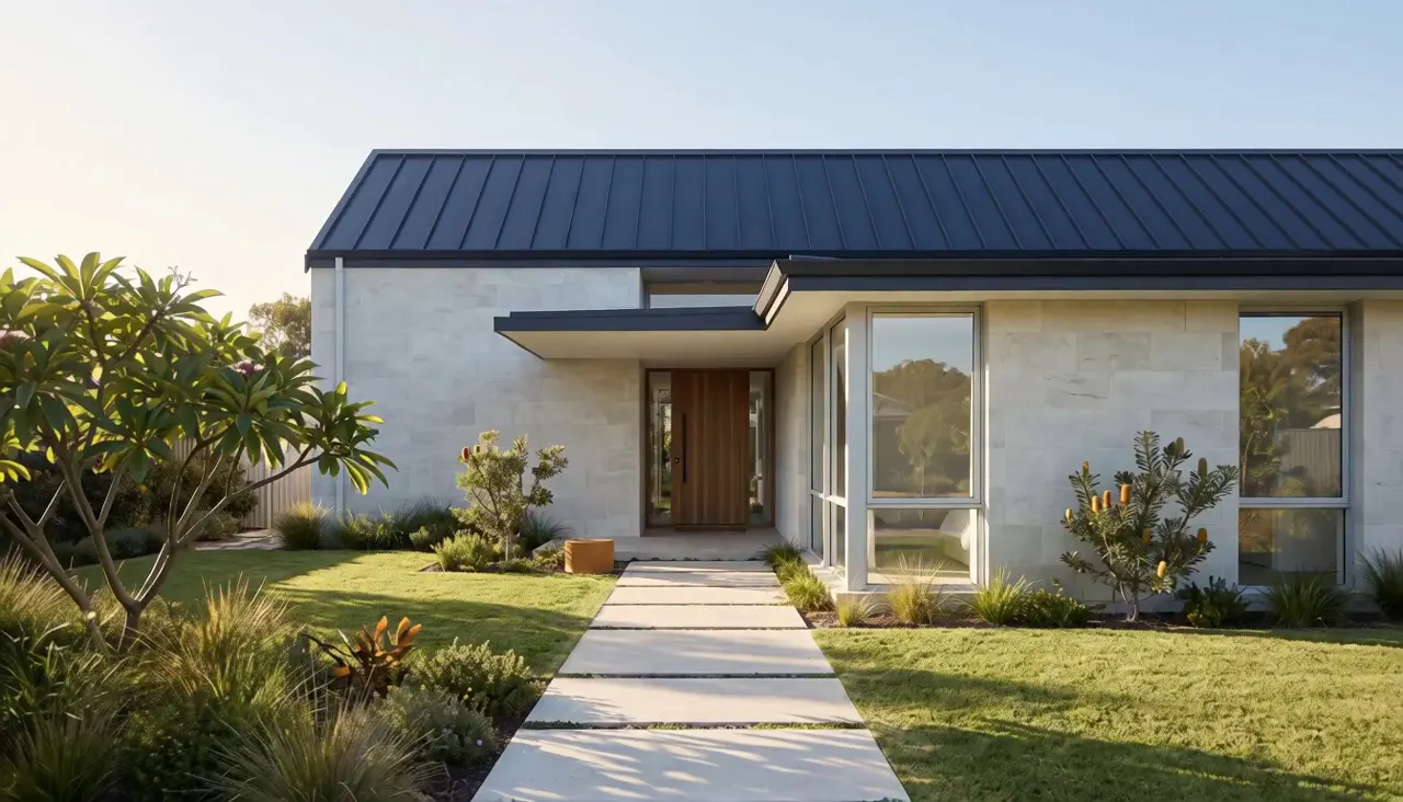 Illustrative contemporary Queensland home with warm timber and landscaped gardens